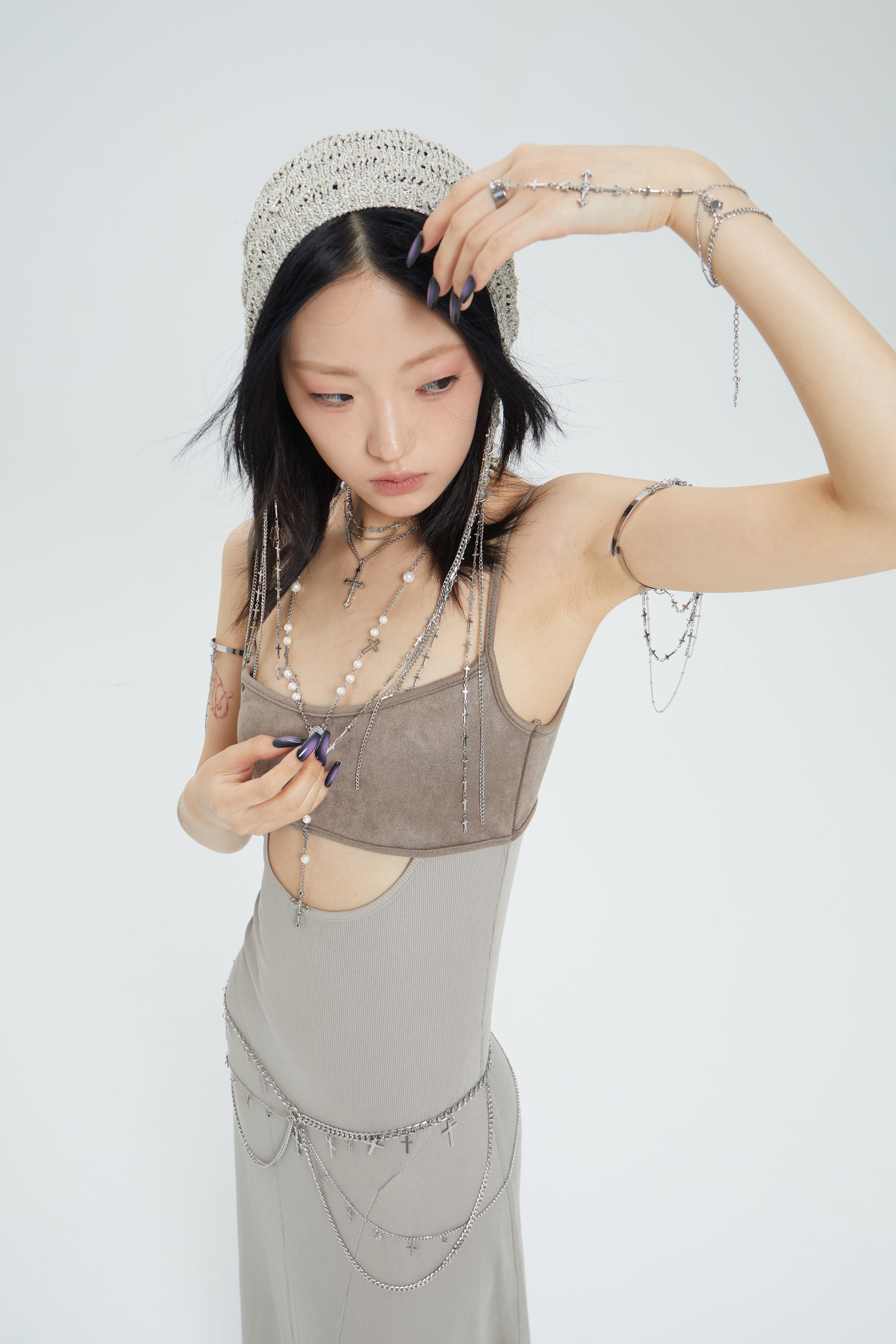 Fervooor Dune chrome heart lily crucifix hand chain ring+bracelet