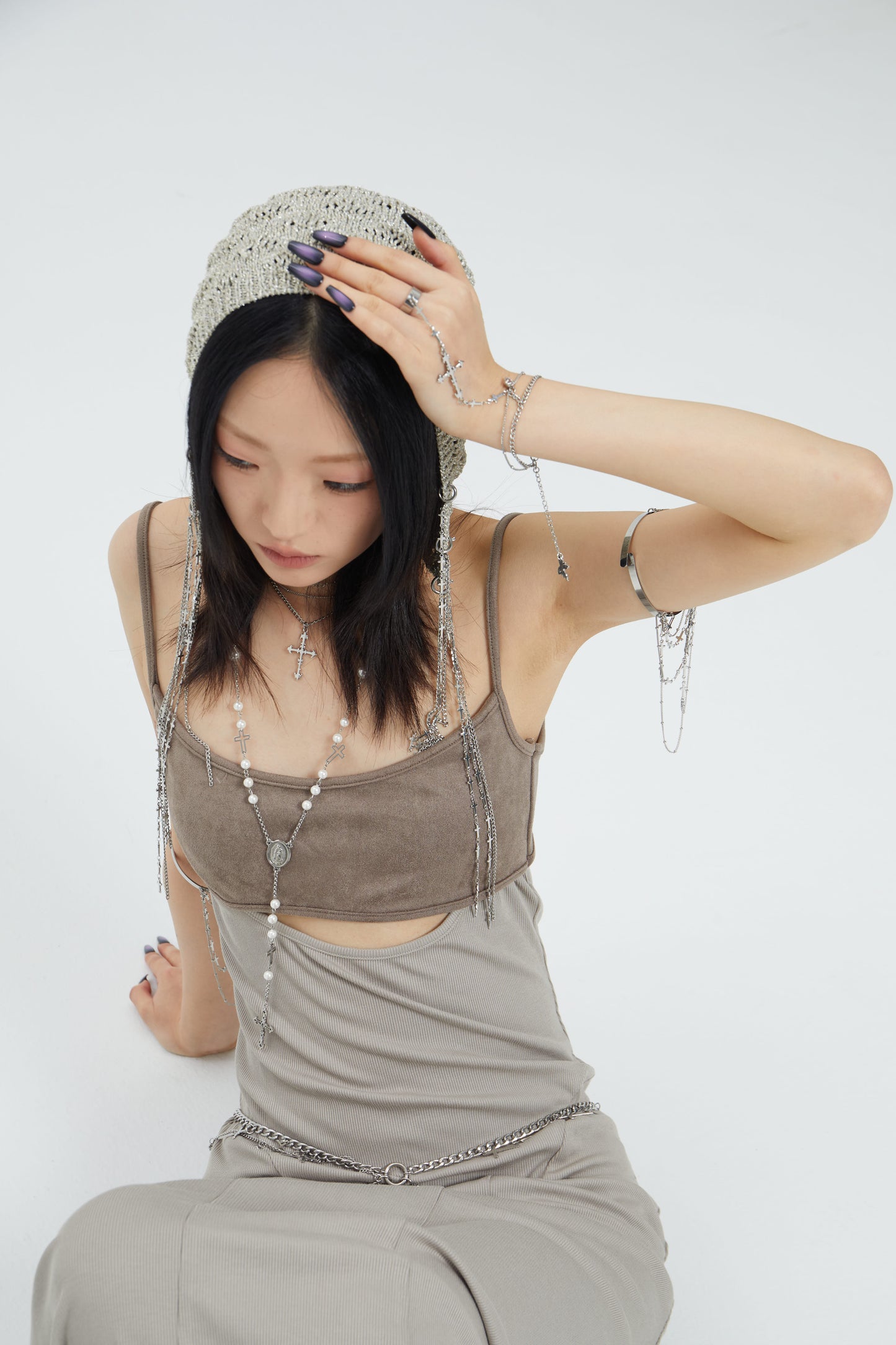 Fervooor Dune chrome heart lily crucifix hand chain ring+bracelet