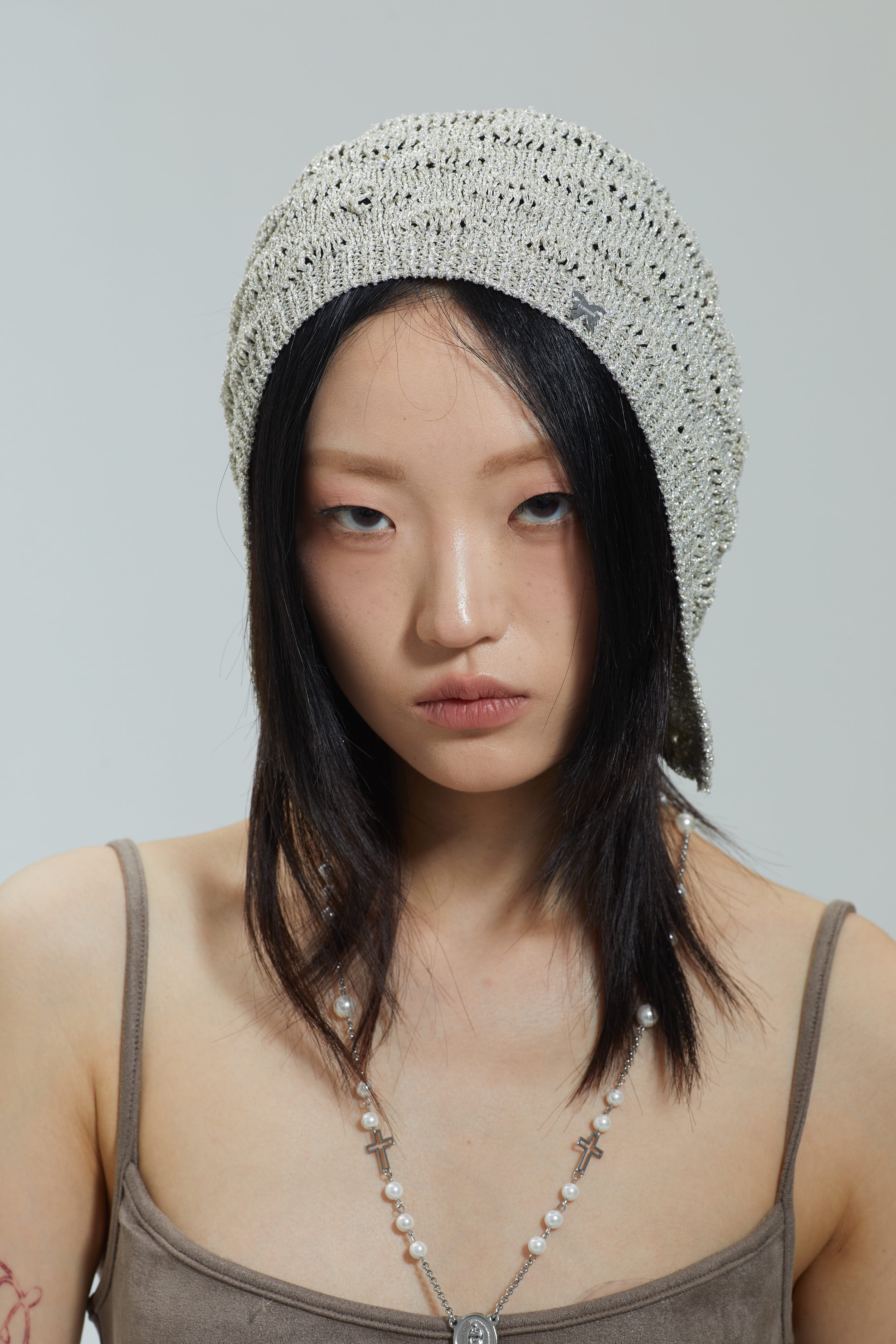 No Restock/ Fervooor Dune silver detachable chain knit beanie hat