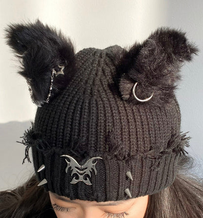 Fervooor black dog ear knit cap hat