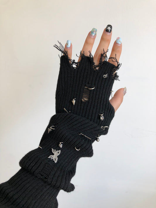 Fervooor black long ripped knitwear arm warmer