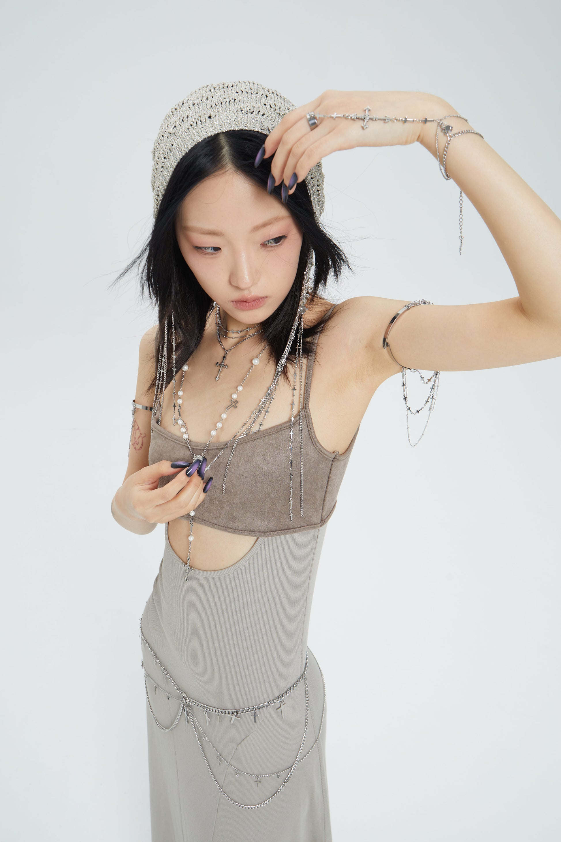 Fervooor Dune chrome heart lily crucifix ring+bracelet