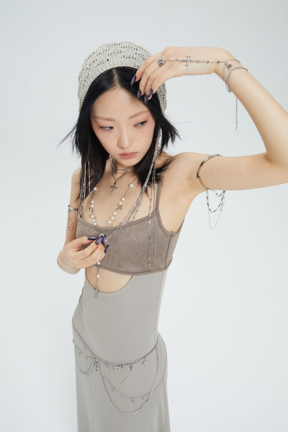 Fervooor Dune chrome heart lily crucifix hand chain ring+bracelet
