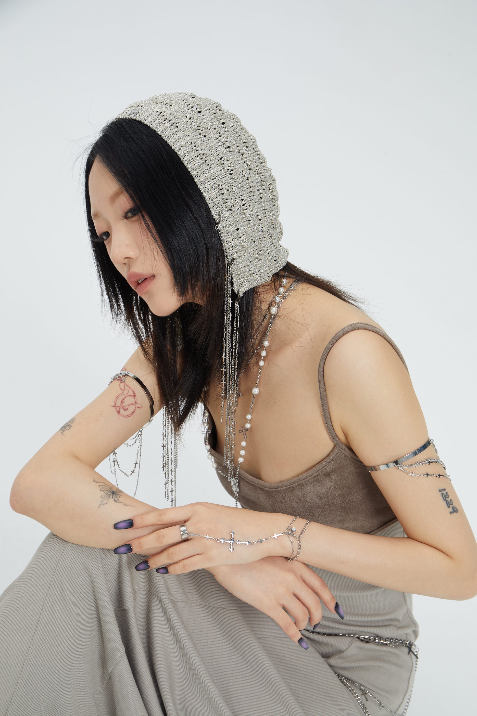 Fervooor Dune chrome heart lily crucifix ring+bracelet
