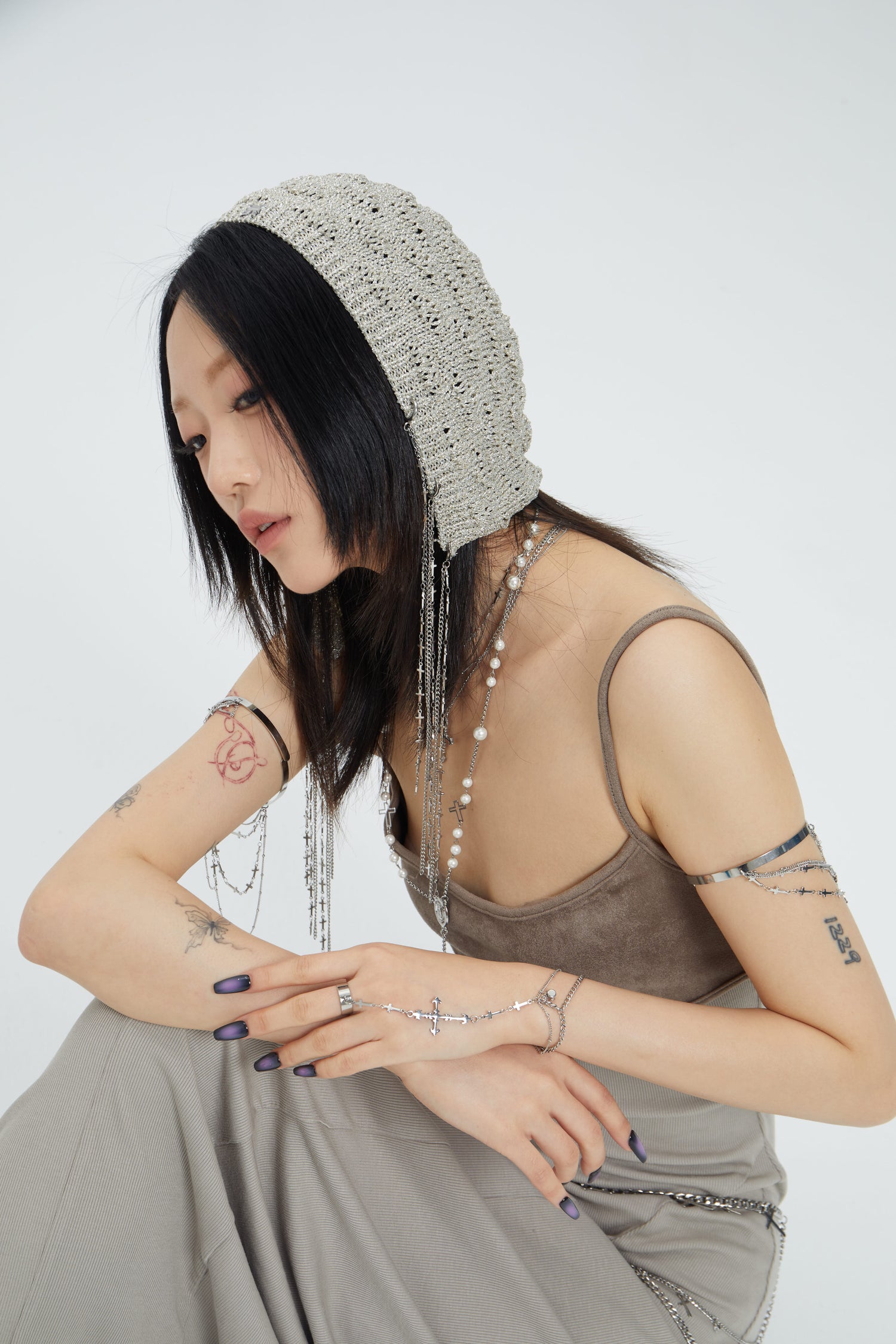 Fervooor Dune chrome heart lily crucifix hand chain ring+bracelet
