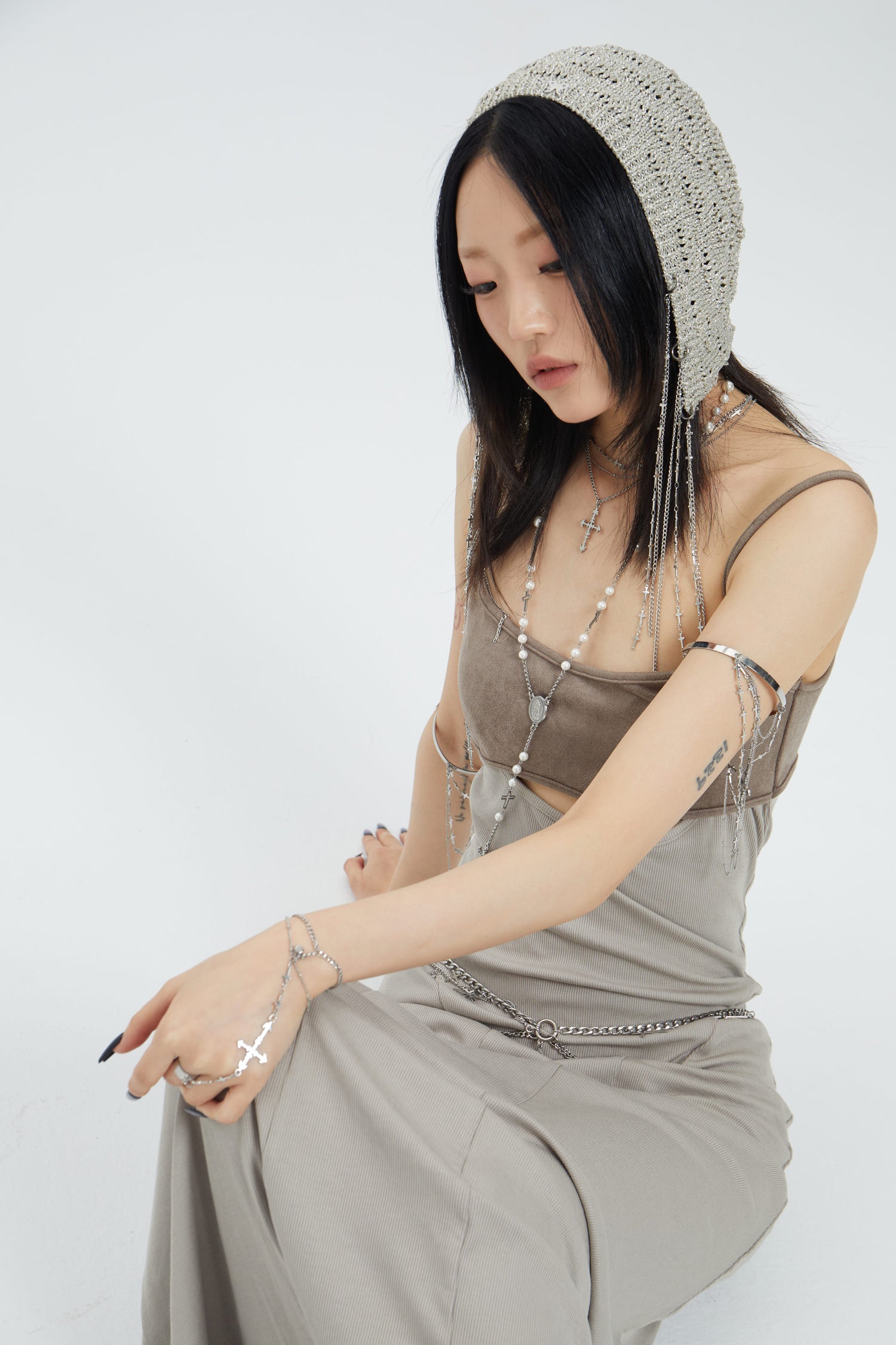 Fervooor Dune chrome heart lily crucifix hand chain ring+bracelet