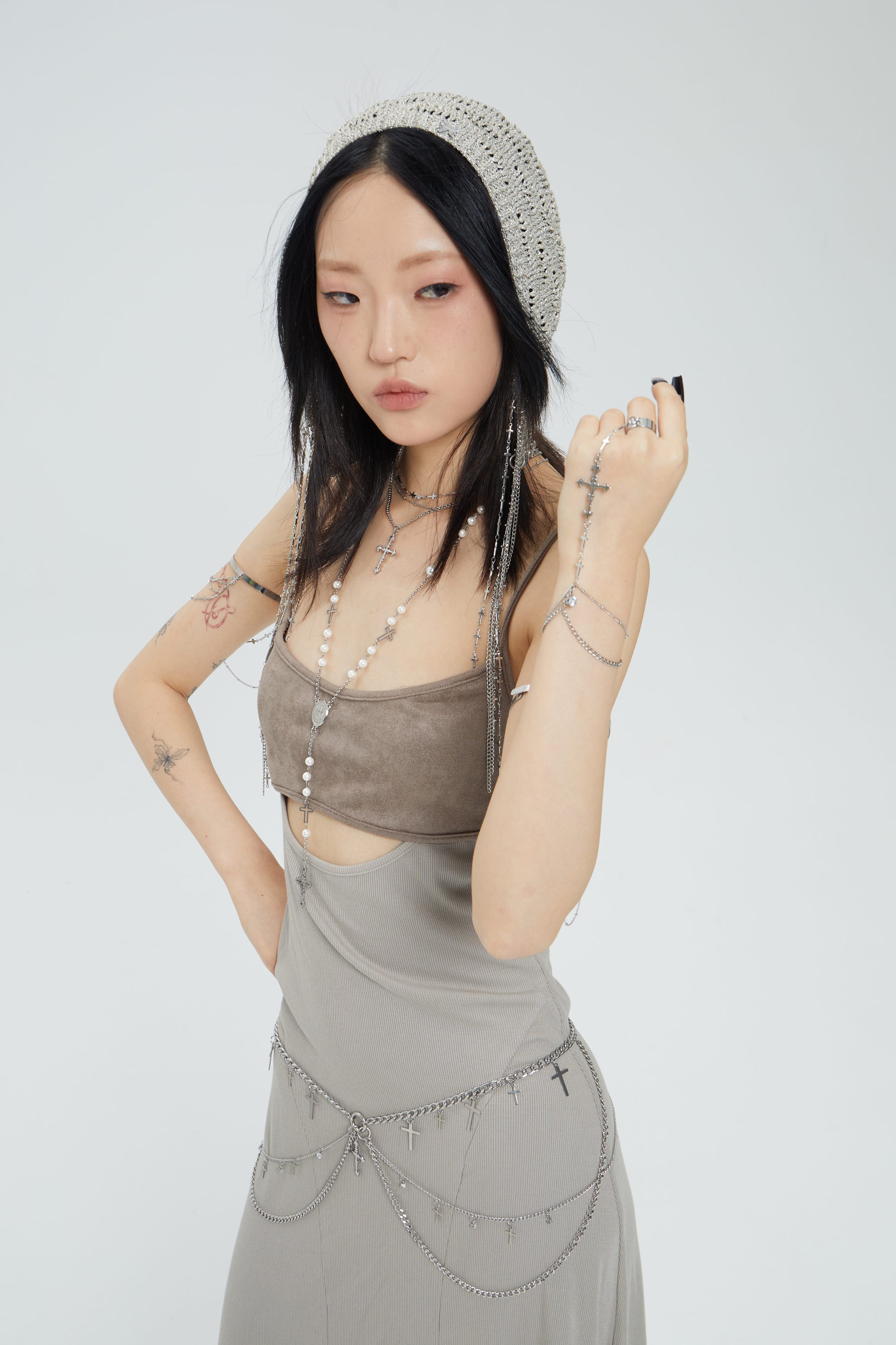 Fervooor Dune chrome heart lily crucifix ring+bracelet