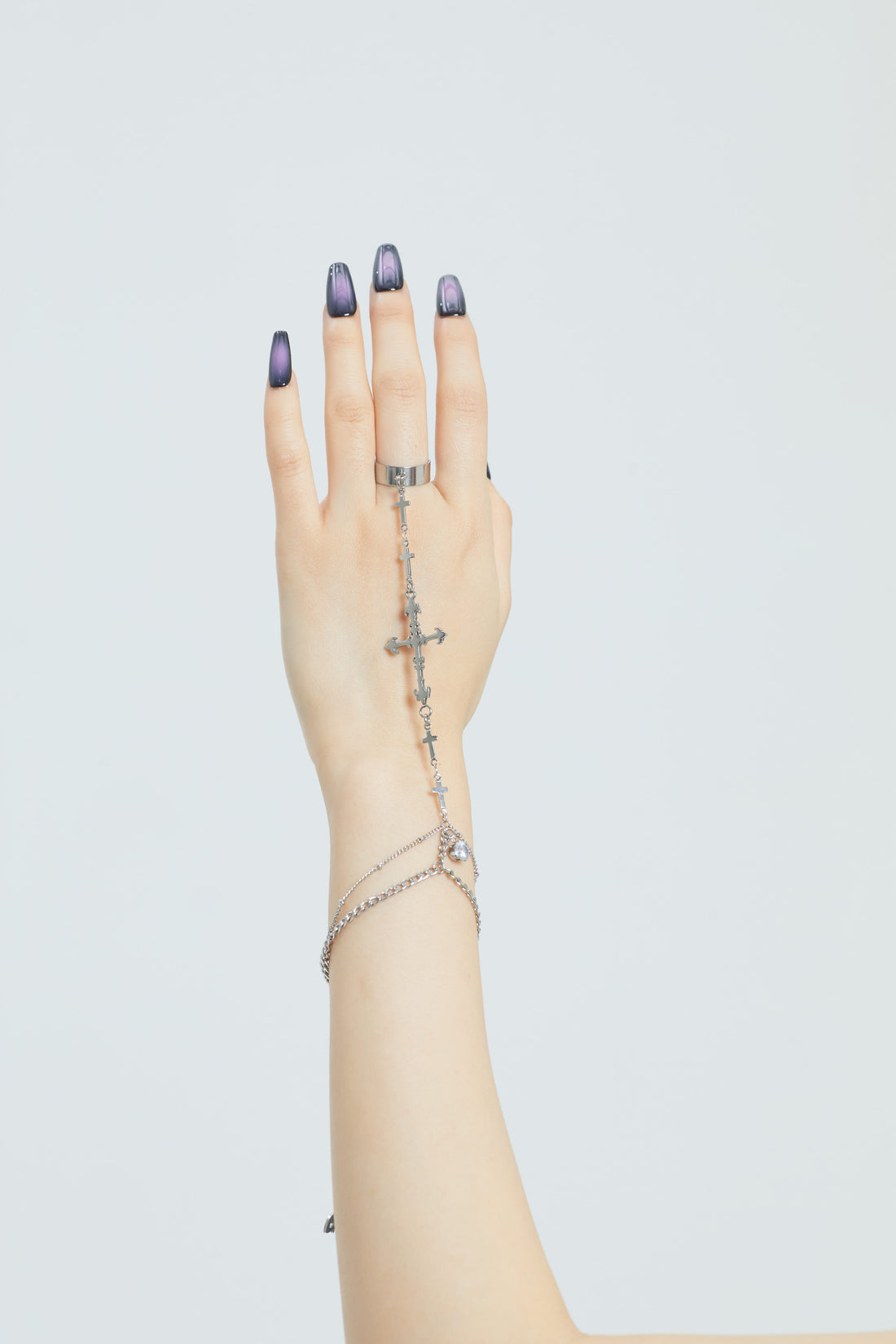 Fervooor Dune chrome heart lily crucifix hand chain ring+bracelet