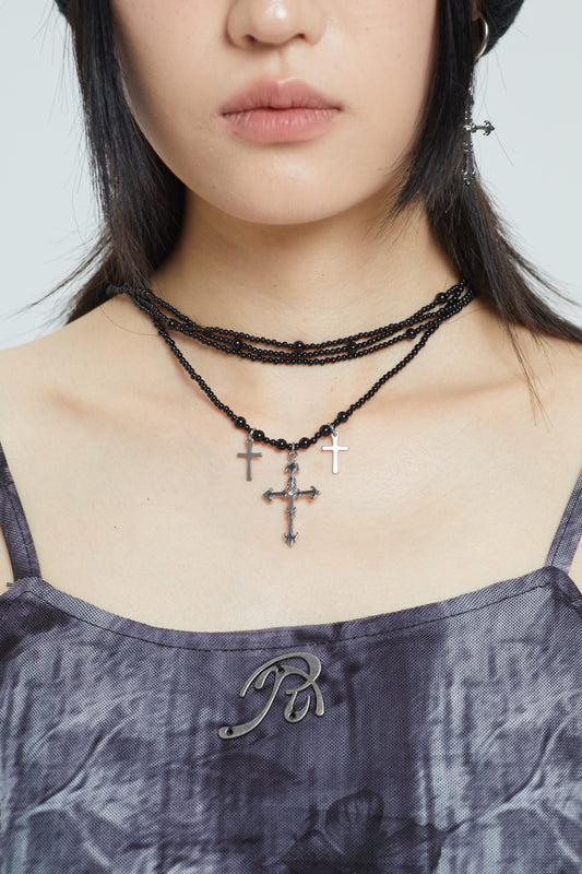 Fervooor chrome heart lily crucifix black bead necklace